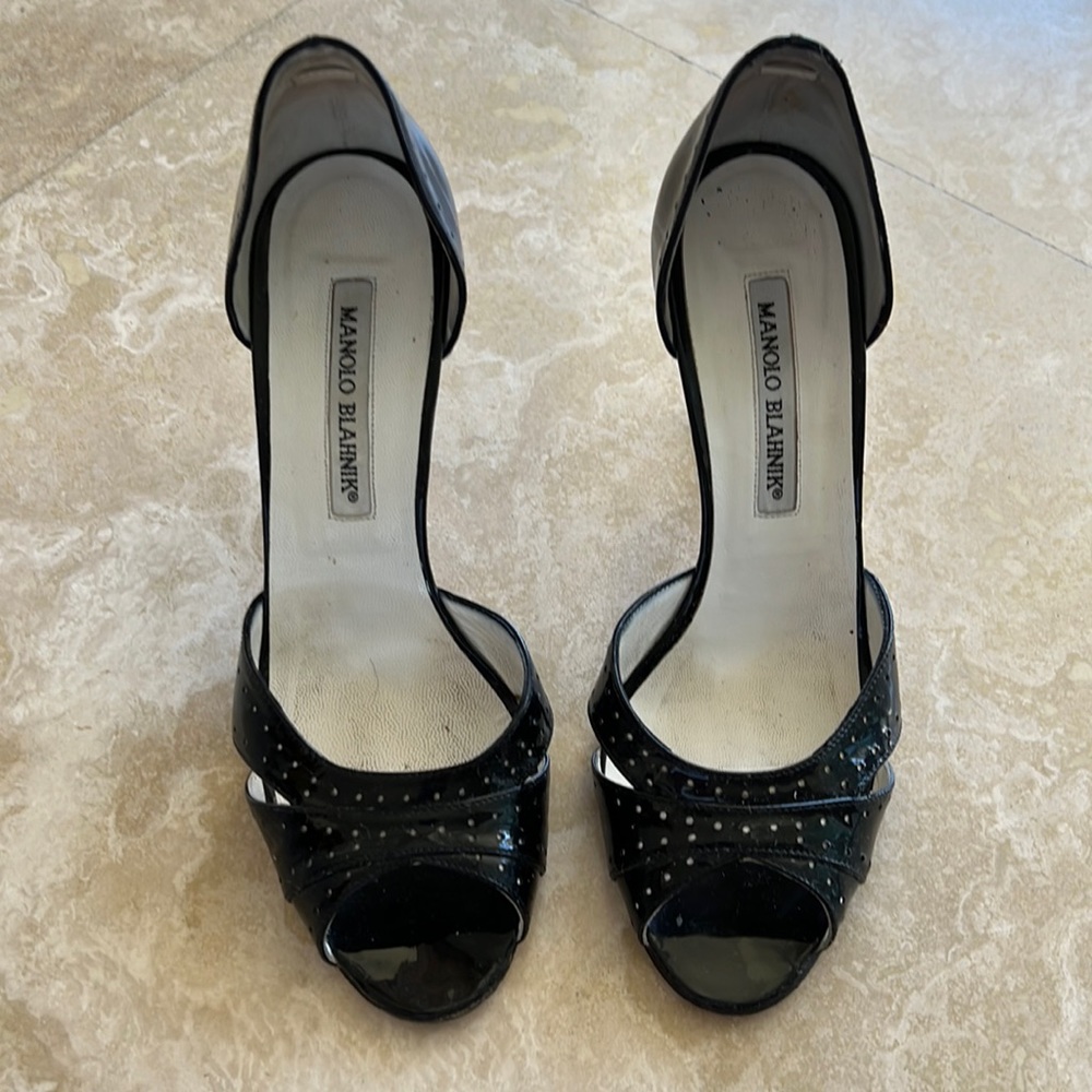 Manila Blahnik black patent leather open toe pumps.  Size 36 1/2